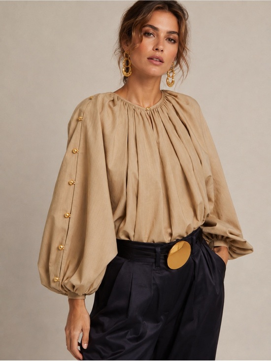 LOFT Tops - Loft Tan Gold Button Balloon Sleeve Blouse Quiet Luxury Boho